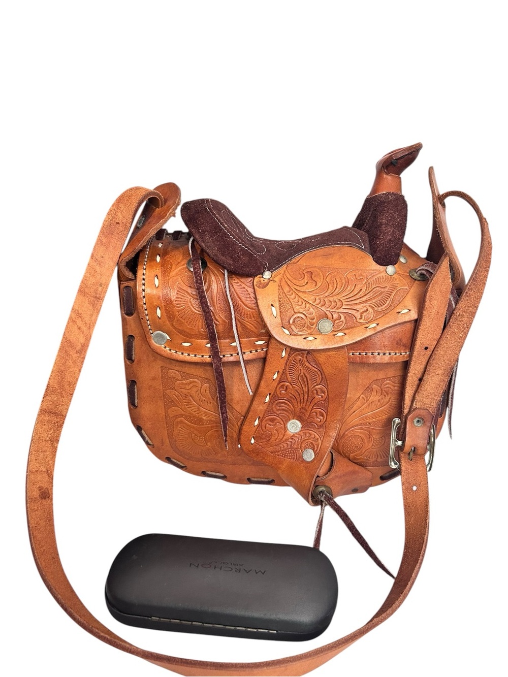 Horse Saddle Shoulder Bag Hand Tooled Brown Suede And Tan Leather Purse Vintage - Picture 5 of 16